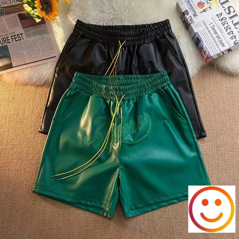 Leather Black Green Borad Shorts Pockets Embroidery Logo Men Women High Quality Yellow Drawstring Beach Shortpant Breeches