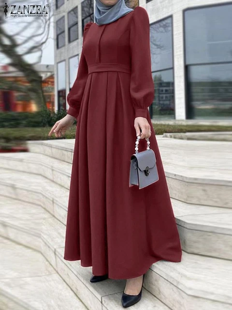 Oversized Hijab Sundress Muslim Casual Abayas ZANZEA Elegant Long Puff Sleeve Dress Women Belted Dresses Caftan Islamic Clothing AliExpress
