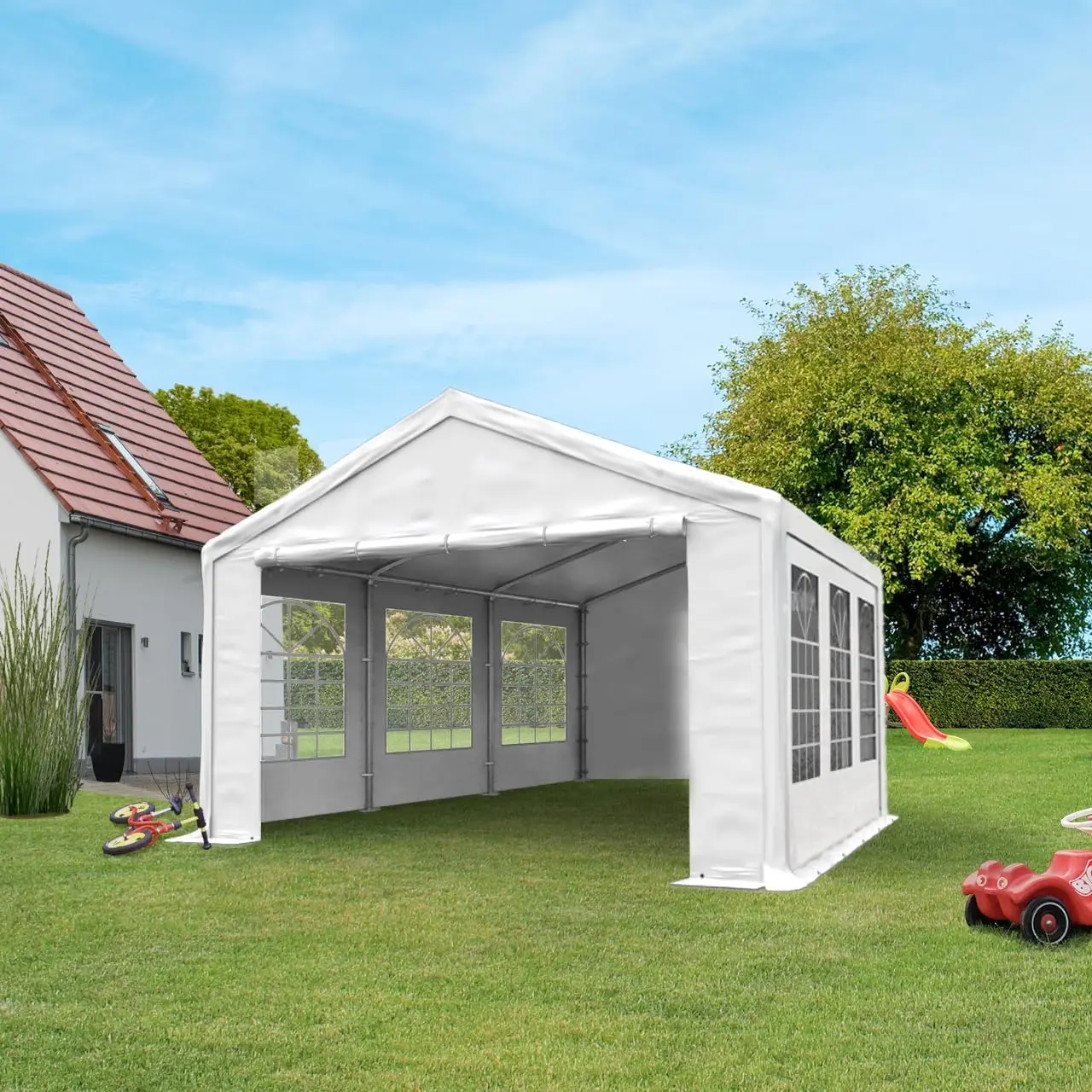 13x26 ft Party Tent PVC Tarpaulin Waterproof White 600 N, Outdoor Garden Canopy, Event Shelter