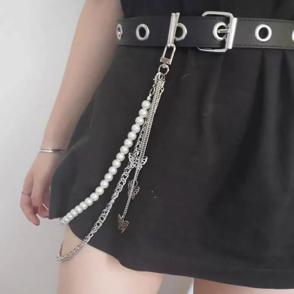 จี้ผีเสื้อสไตล์ฮิปฮอปโซ่โลหะสไตล์วินเทจกางเกงยีนส์สายโซ่หลายชั้นประดับไข่มุกเอว