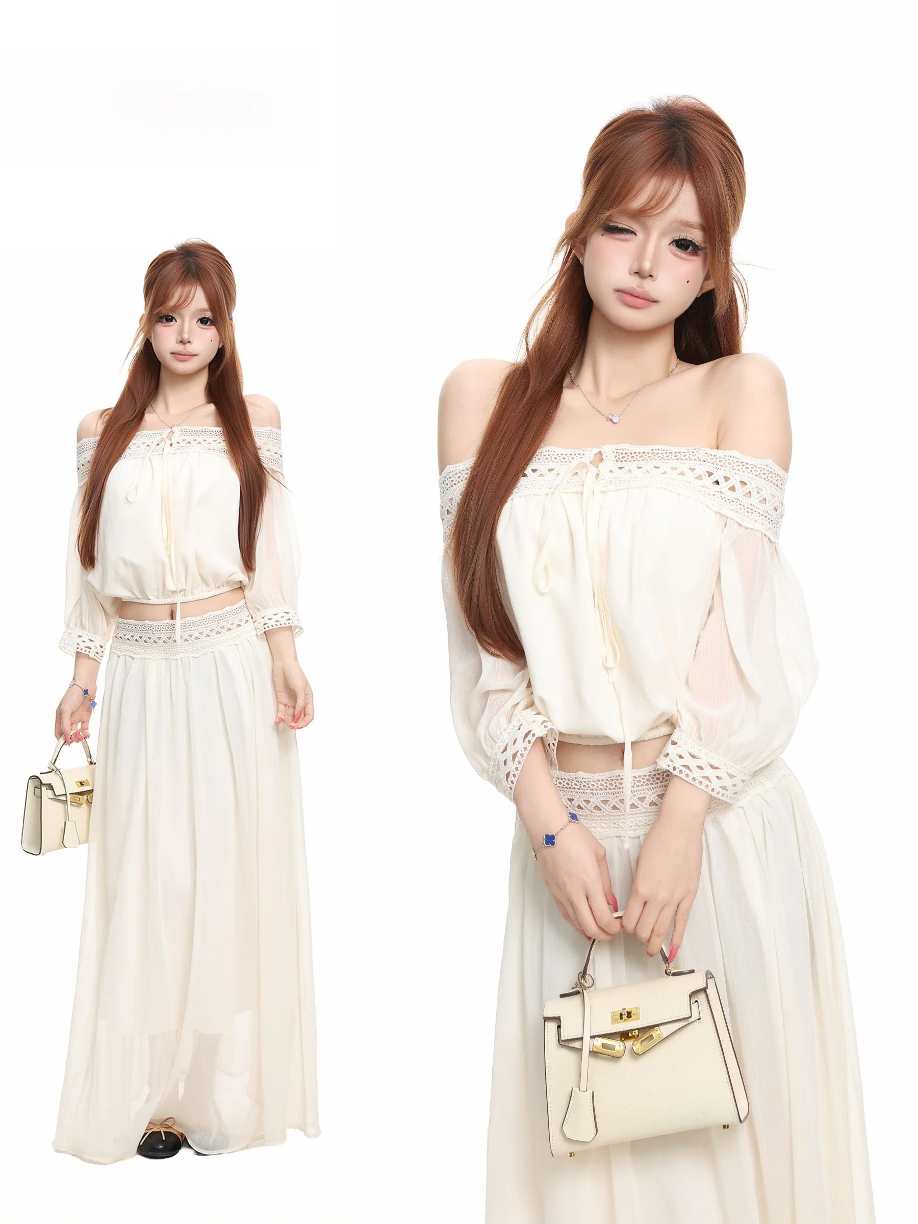 BASTERDS Summer Women's Long Sleeve T-Shirt Hollow out Lace Trim One Shoulder A-Line Fish Tail Skirt Two Piece Set Breathable