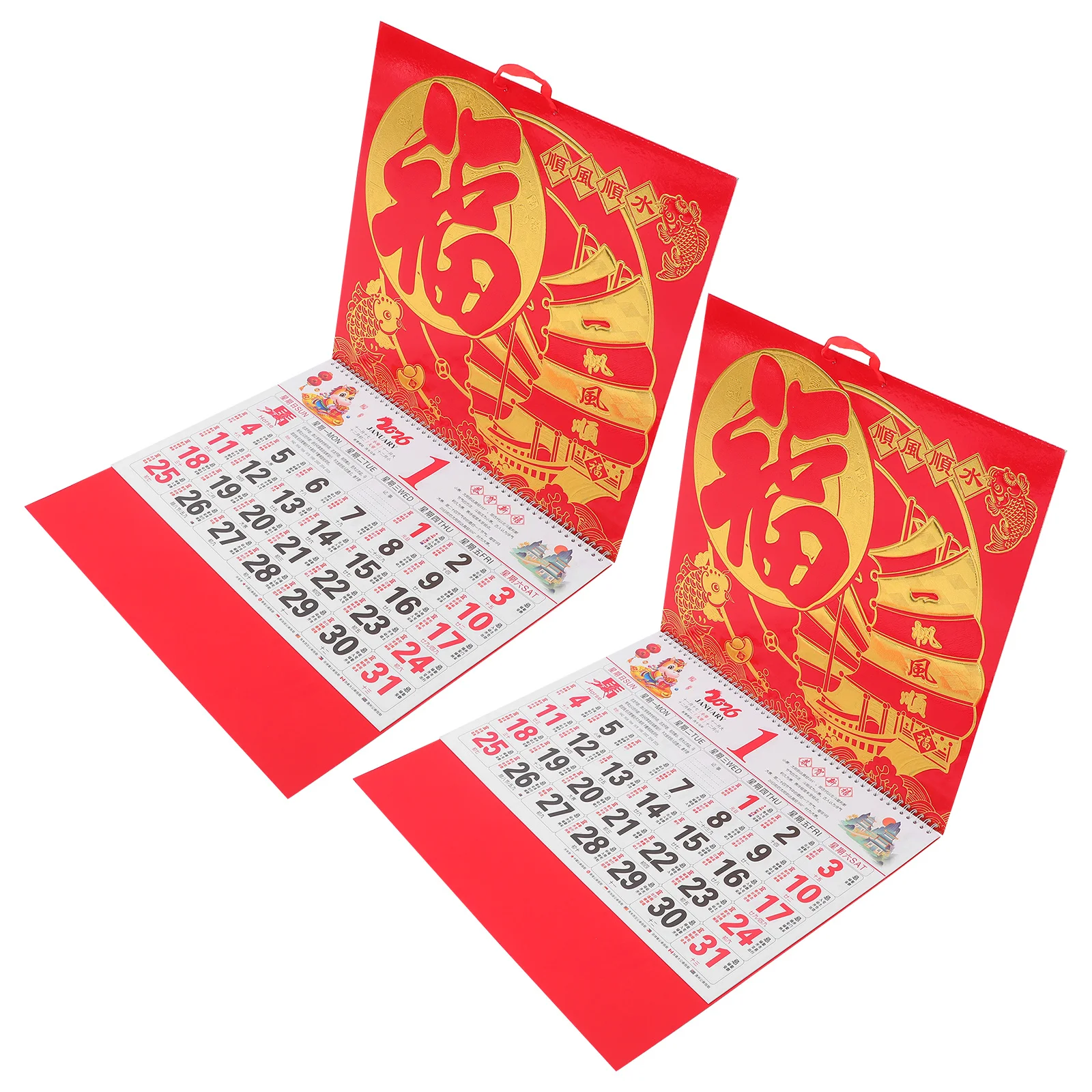

2Pcs 2026 Traditional Chinese Calendar Year of The Horse Auspicious Wall Hanging Planner Gold Foil Lunar Calendar for Office