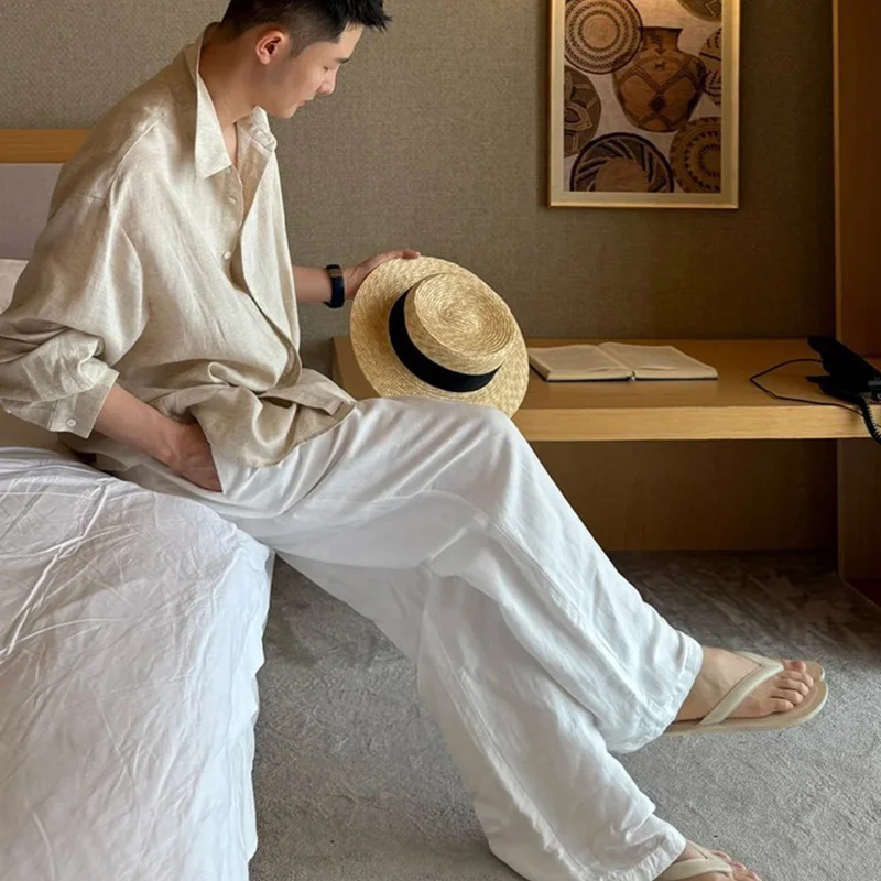Light Luxury High-End Old Money Style White Tencel Linen Pants Men's Summer Wide-Leg Pants Relaxed Casual Pants