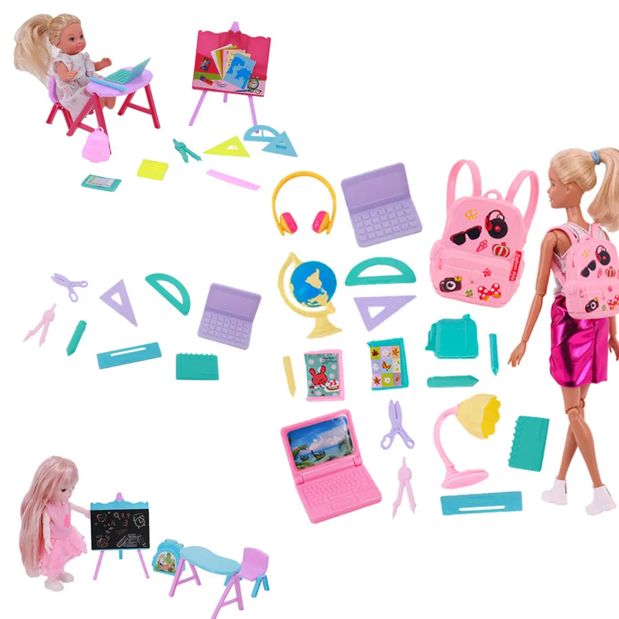 Fashion 18 Doll Furniture School Equipment Mini Classroom Accessories Set=15 School Supplies+1 School Bag+1 Computer+1 Headset