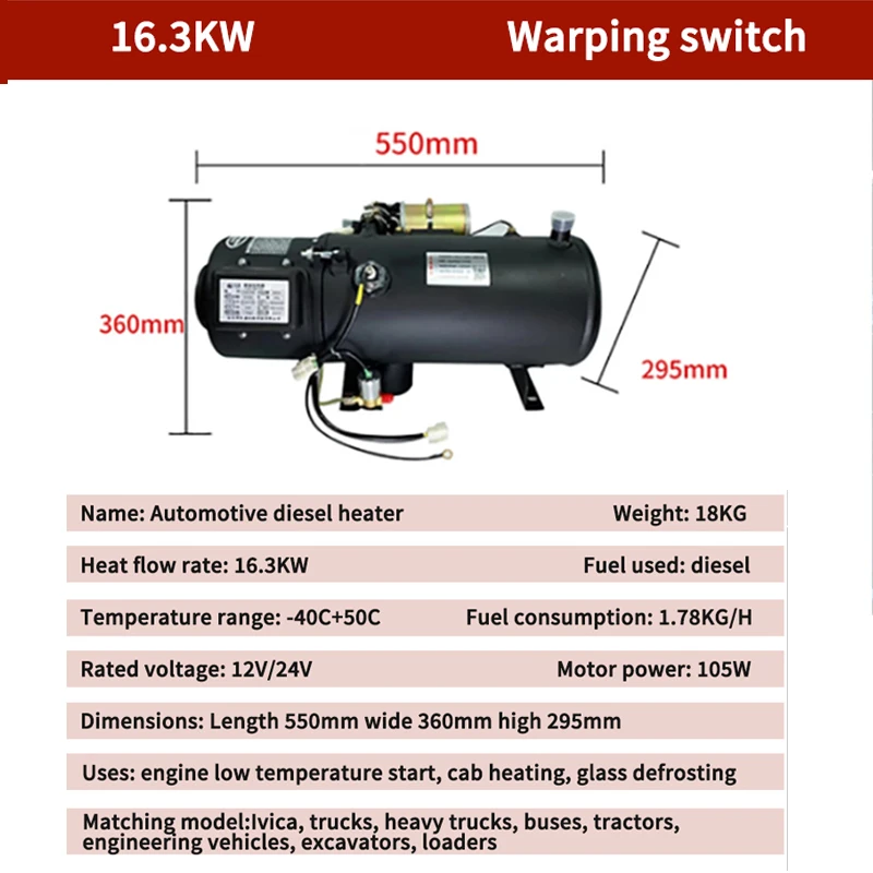 16.3KW Car Parking Heater 12V/24V Truck Preheating Water Fast Heating Machine Automatic Thermostat Diesel Fuel Engine Preheater