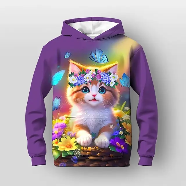 Bloemen Cartoon Kat 3D Print Hoodies Dames Oversized Sweatshirt Met Capuchon Straat Y2K Tops Trainingspak Unisex Jas Kleding