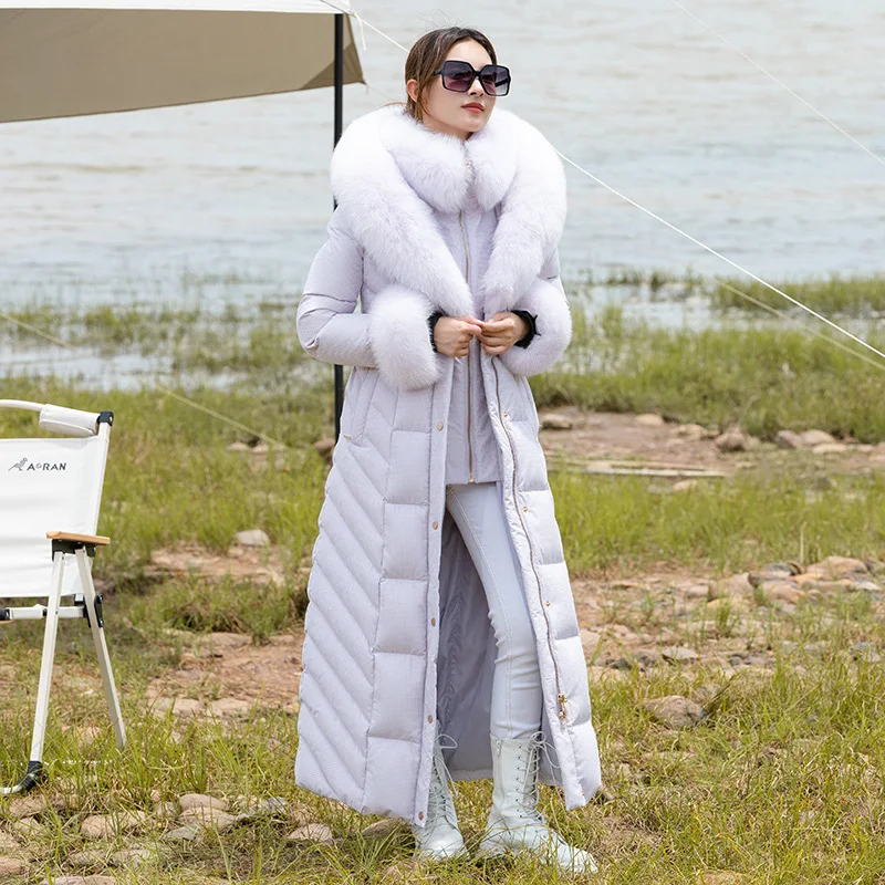 Luksusowy damski długi płaszcz lis duży futrzany kołnierz 95% biały kaczy dół wodoodporny Slim Fit zagęszczony utrzymać ciepło X-długa kurtka puchowa