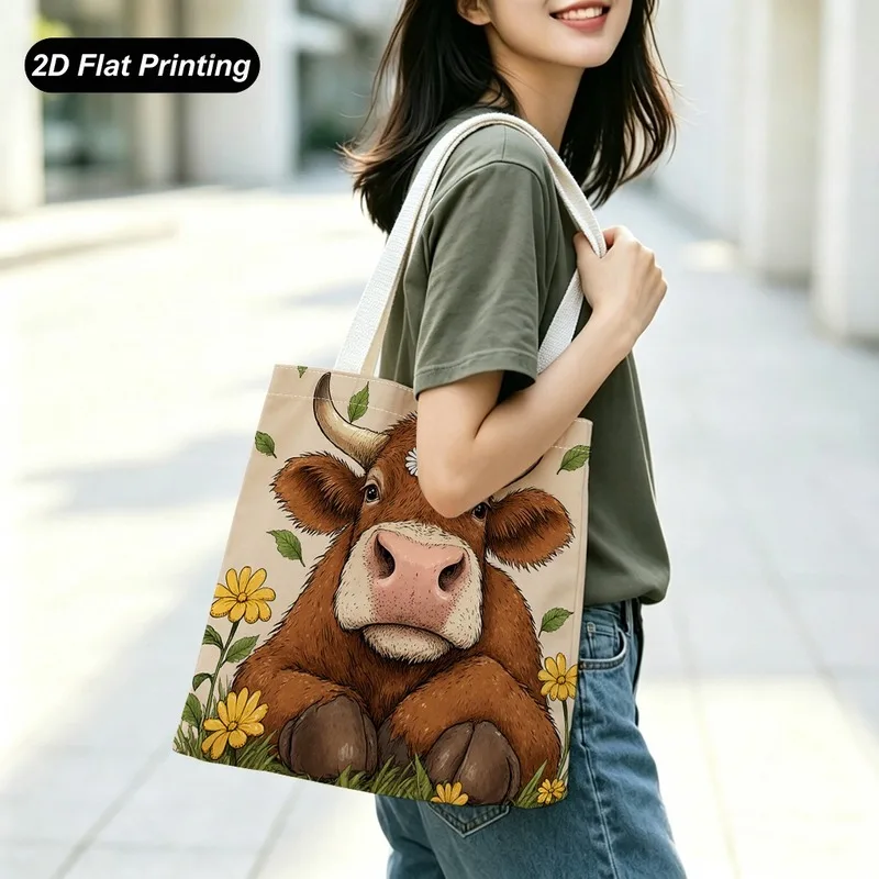 1PC【Tote Bag】2DFlat effect，bag features a cute brown calf paired with yellow flowers and green leaves in a, pastoral s