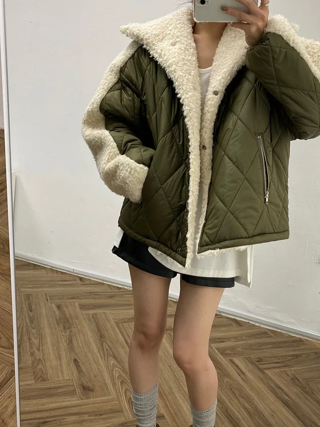 Otoño Invierno piel de cordero empalme algodón Jaet mujeres diseño suelto versátil ropa de abrigo cálida abrigo de moda