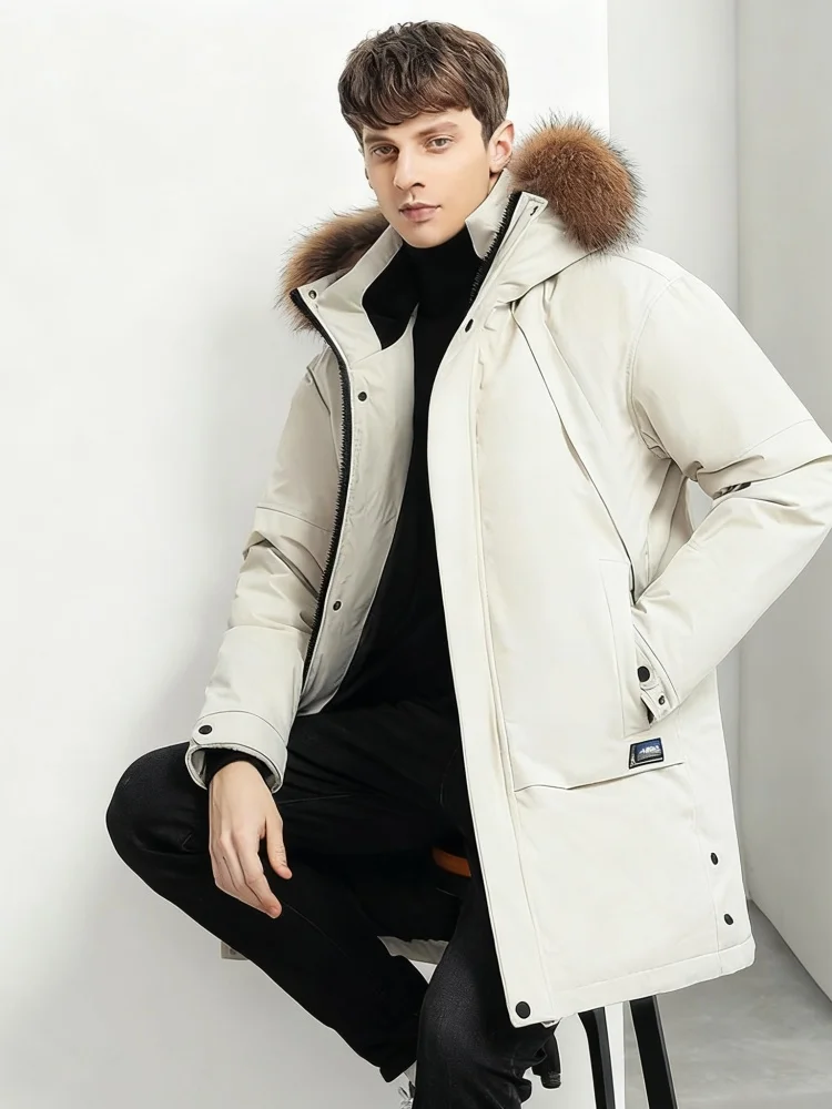 Men's Mid-Length Utility Parka - 90% White Duck Down with Faux Fur Trim, Heavyweight Thermal Insulation for Urban Winter (RDS Ce