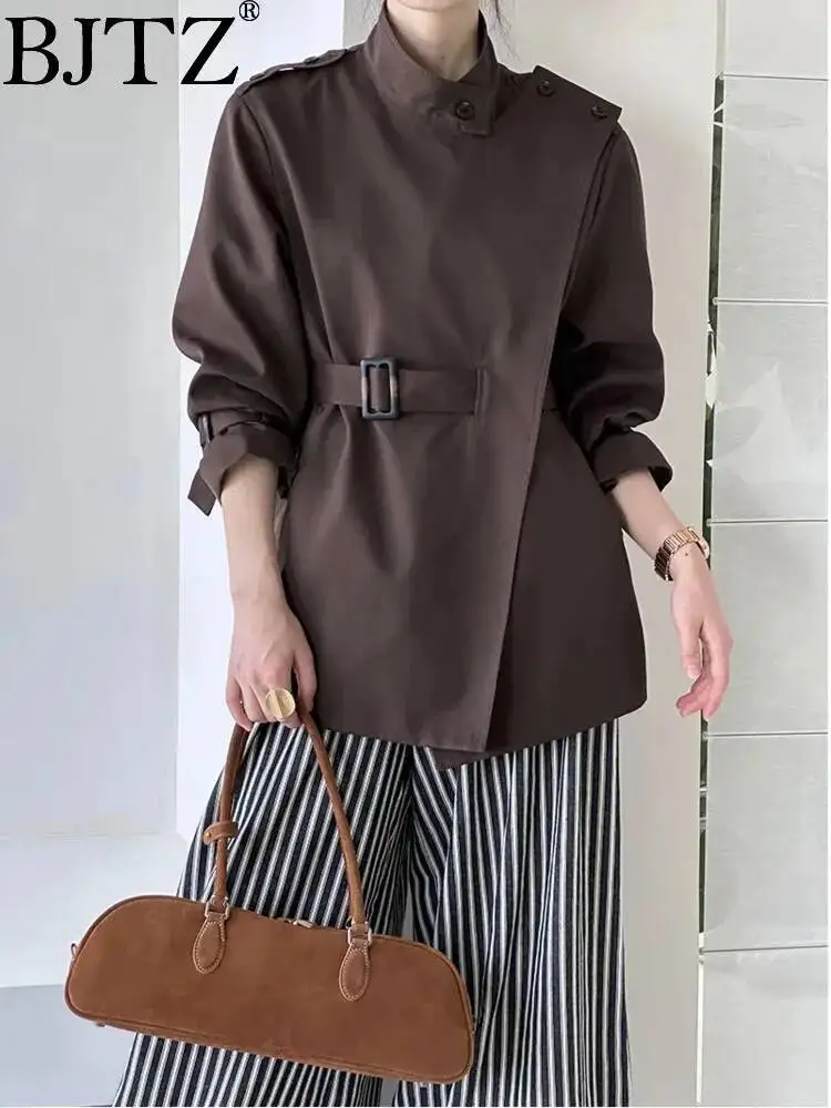 

BJTZ Solid Color Vintage Versatile Designer Short Trench Jacket For Women 2025 Spring Autumn New Lace-up Waist Female Clothing