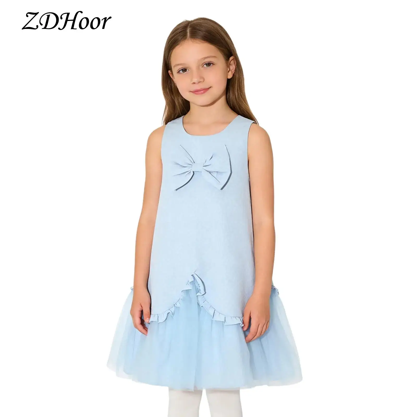 Kids Girls Cute Bow Ruffle Tulle Princess Dress Round Neck Sleeveless Back Invisible Zipper Floral Pattern Party Dress