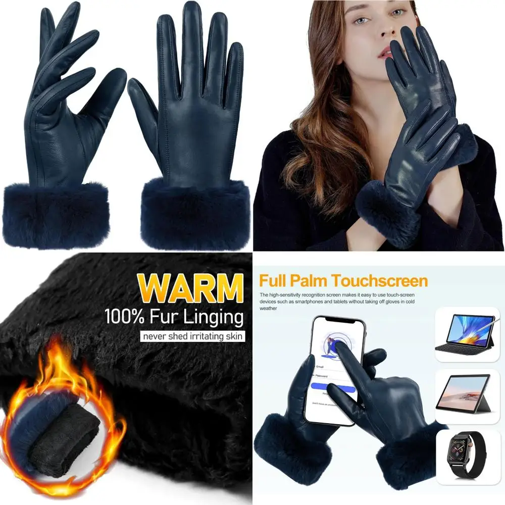 

Women's Rabbit Fur Cuff Leather Gloves with Touchscreen for Warm Winter Driving, Multicolor Options