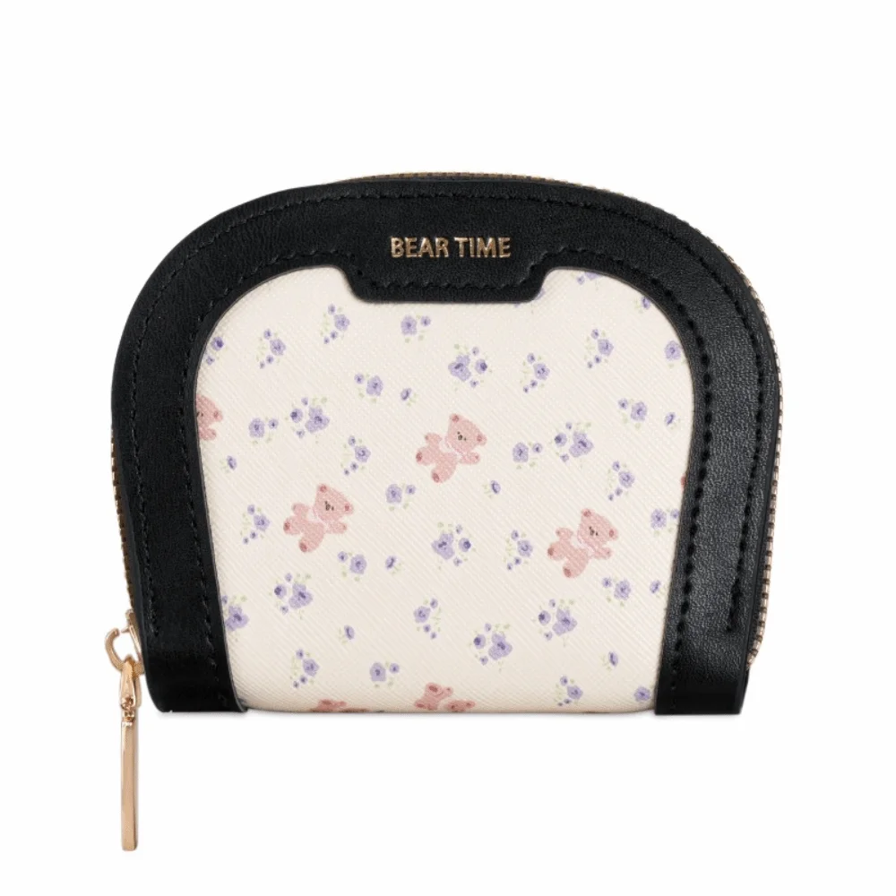 Sweet PU Bear Print Coin Purse Multi-Slot Zippered Small Card Wallet Lightweight Portable Cute Mini Pouch Ladies