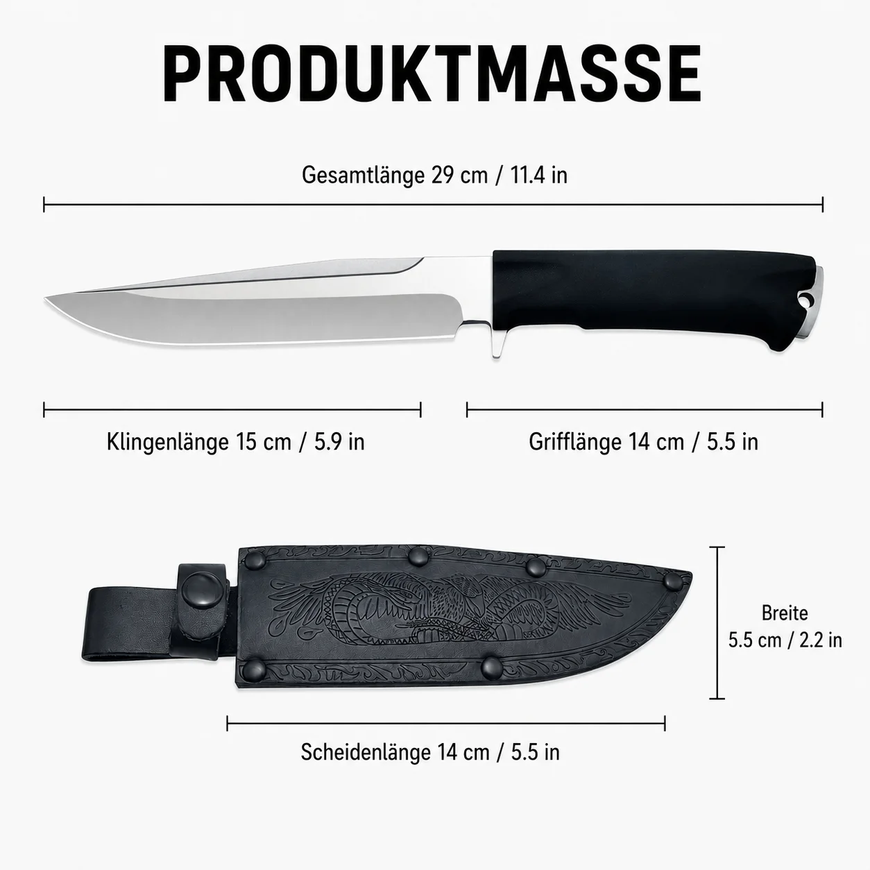 Cuchillo Utilitario de Hoja Fija de 29 cm para Exteriores con Mango Ergonómico de Plástico, Hoja con Recubrimiento Negro y Funda con Relieve para Camping