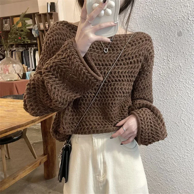 Sexy Hollow Out Knit Sweater Women Y2K Korean Loose Long Sleeve O Neck Pullovers Autumn Thick Warm Solid All Match Jumpers New