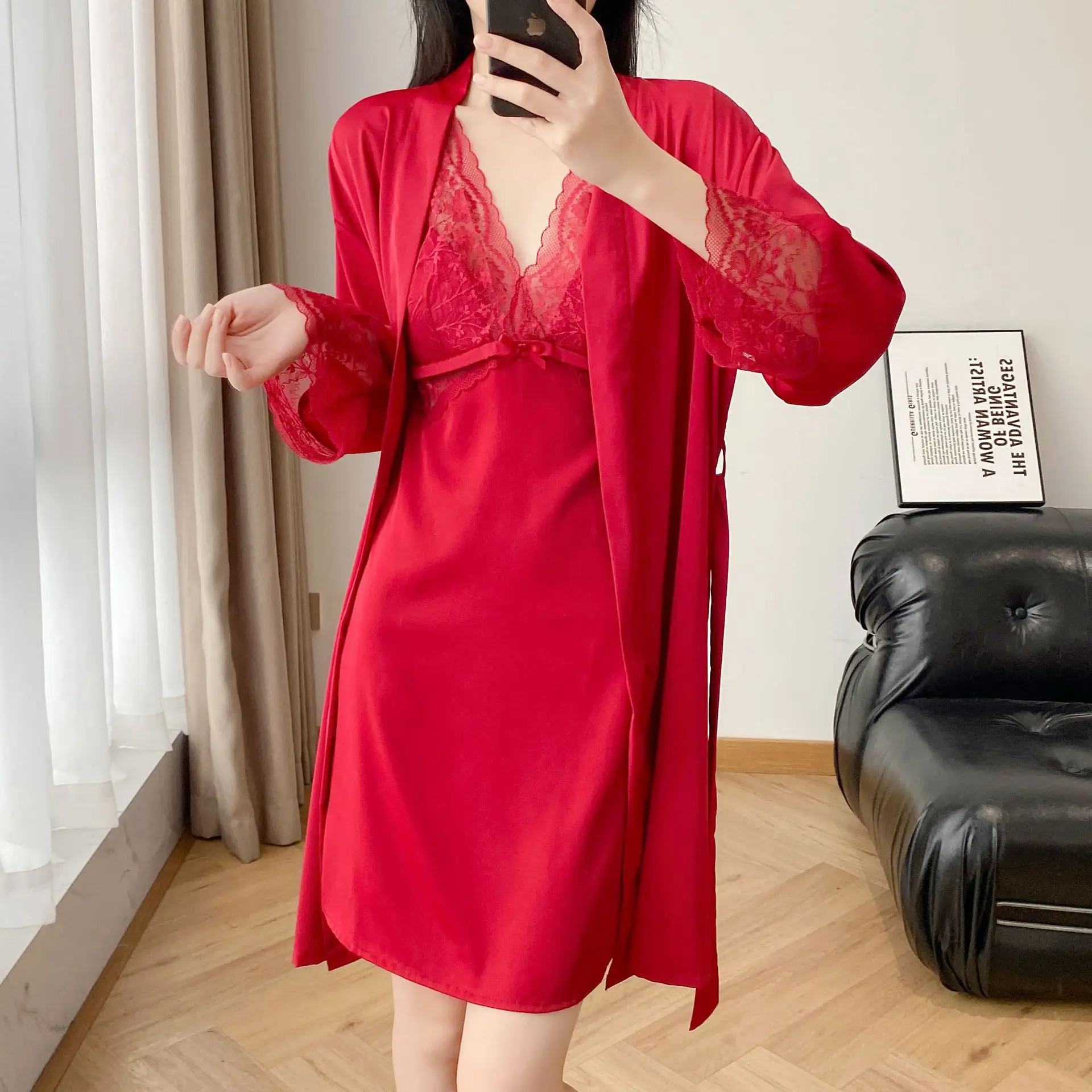 Robe Gown ชุดผู้หญิงผ้าไหมน้ําแข็ง 2PCS แฟชั่นชุดนอนเซ็กซี่สตรีเสื้อคลุมอาบน้ํา Nightdress ชุดนอนหน้าแรก