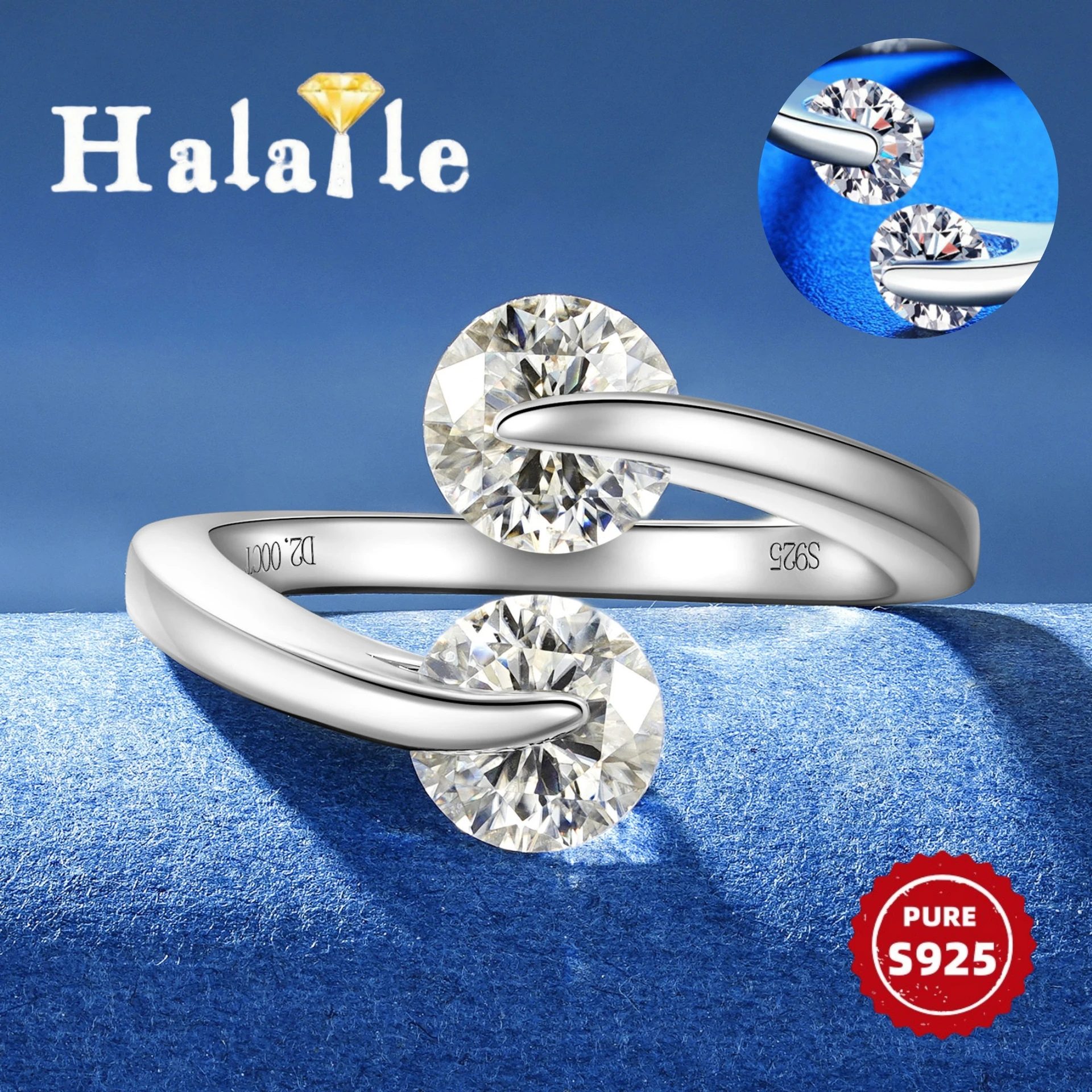 

Halaile 6,5 мм 2CTTW открытое кольцо с муассанитом, двойной бриллиант, стерлинговое серебро S925 для женщин, сверкающие ювелирные изделия на свадьбу