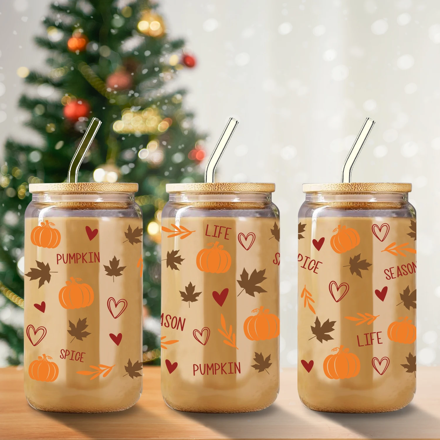 

1pc Pumpkin, Pine Cones And Cake 3d Pattern Glass Can Coffee Cup With Lid&Straw 16oz Fall Glass Can Holiday Season Gift