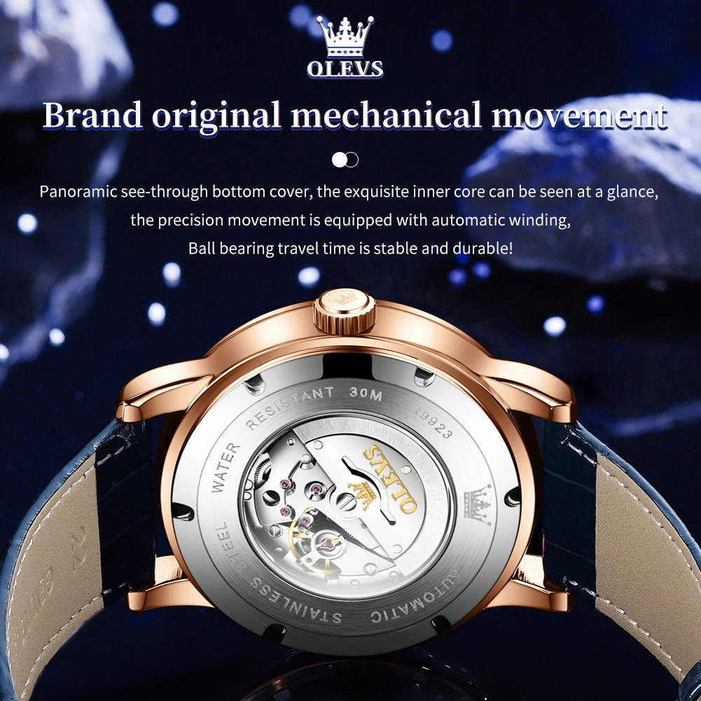 OLEVS 9923 New Automatic Mechanical Watch for Men Big Dial Rotating Second Wristwatch Luminous Star Moonswatch Hombres Mecanico