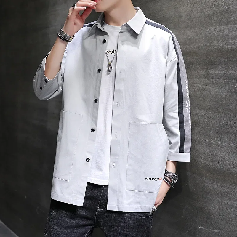 

2024 New Spring Men Shirts Casual Oversized Mens Dress Shirt Three-quarter Sleeve Shirt Mens Cotton Shirt Man Clohing