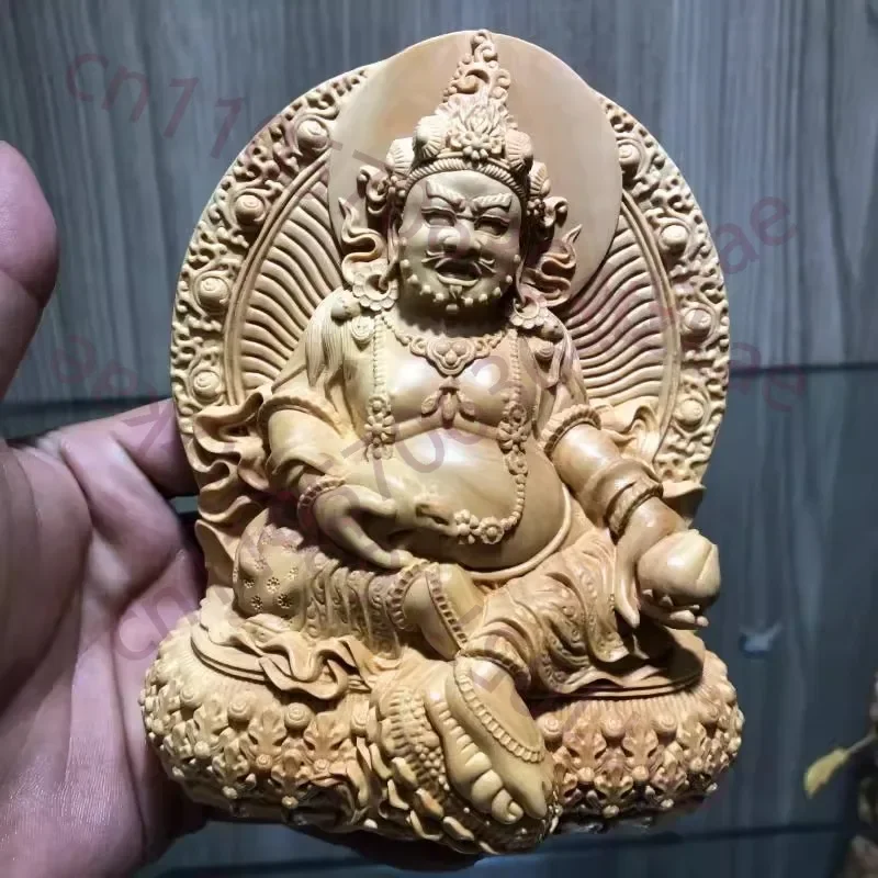 Hand Carved Boxwood Wooden Yellow Dzambhala Statue Figurine - Wealth God Tantric
