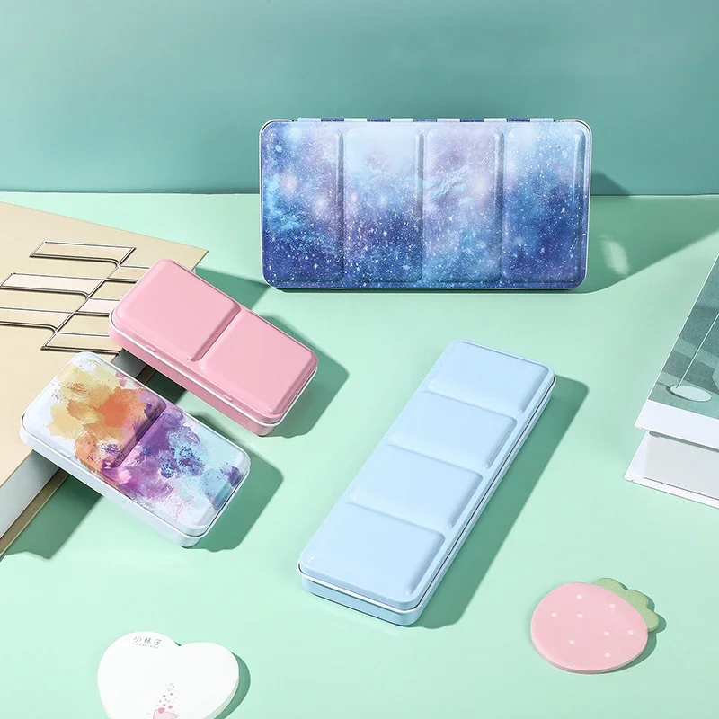 

Multi Color Watercolor Pigment Packaging Iron Box UV Printing Tinplate with Card Holder Foldable Watercolor Supplies Palette