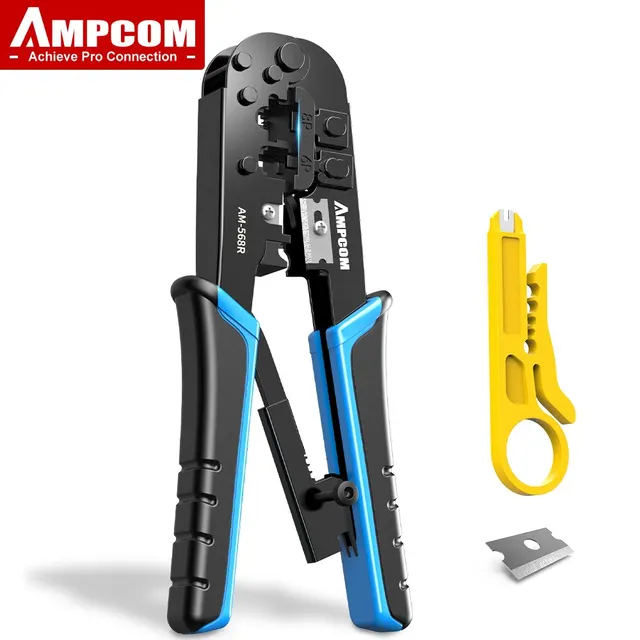 AMPCOM RJ45 zaciskarka RJ11 RJ45 narzędzie do zaciskania sieć Ethernet LAN zaciskarka do kabli Cutter szczypce do zdejmowania izolacji dla 6P 8P RJ11 RJ12 RJ45