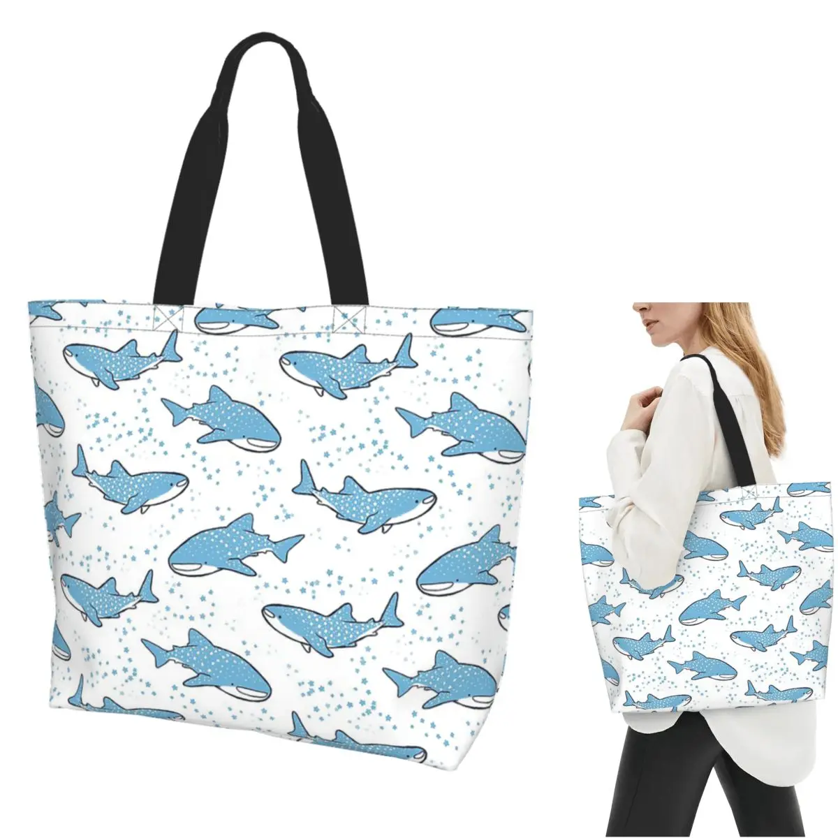 Starry Whale Sharks Shopping Tote Bag Canvas Large Capacity Shoulder Bags Shopper Grocery Handbag for Women