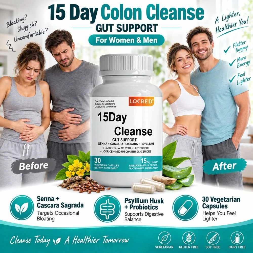Colon Cleanse 15 Day Gut Support with Senna, Cascara Sagrada, Psyllium Husk & Probiotics, 30 Vegetarian Capsules for Women & Men