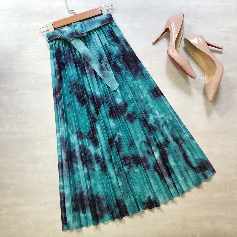 Stijlvolle Hoge Taille Rok Vrouwen Met Belted Tie Dye Vintage Toevallige Slanke Geplooide Midi Rokken Dames Print Koreaanse Faldas