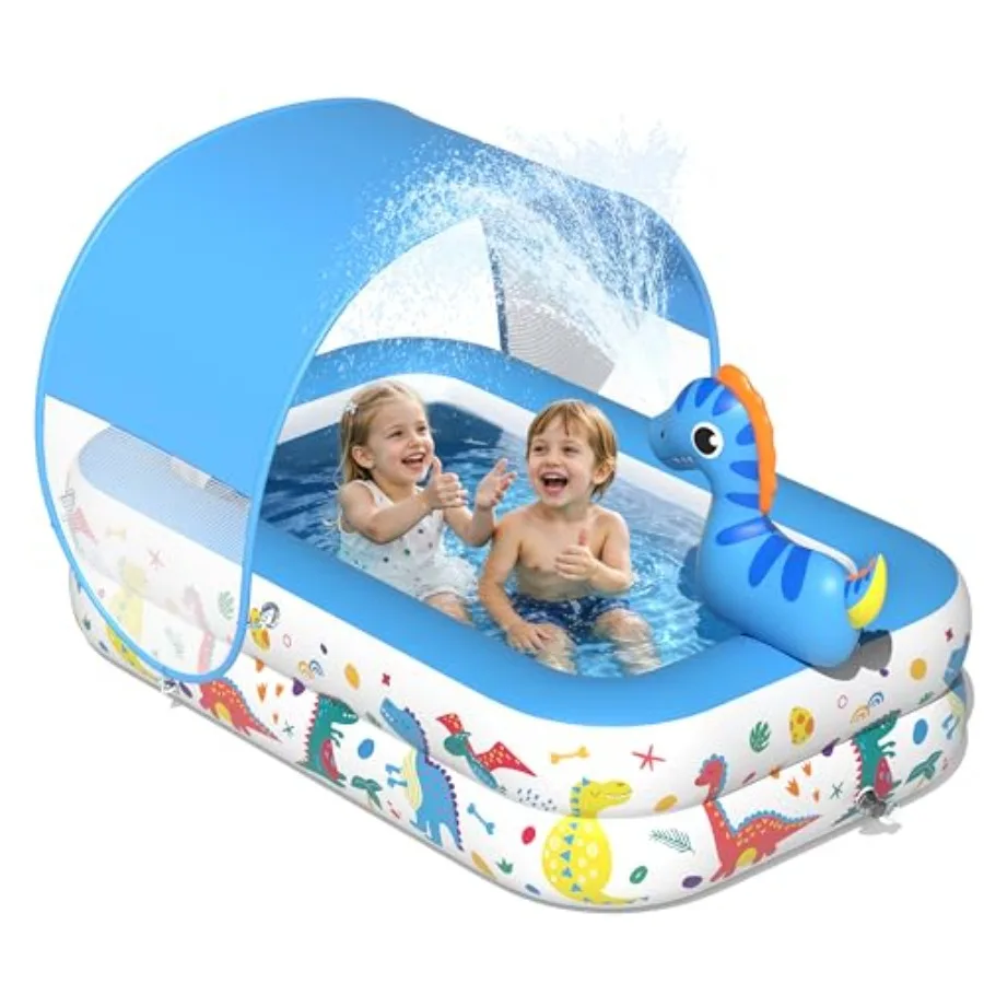 

Backyard/indoor dinosaur-themed inflatable kiddie pool with canopy, sprinkler, soft cushioned floor, portable ball pit; PVC, bl