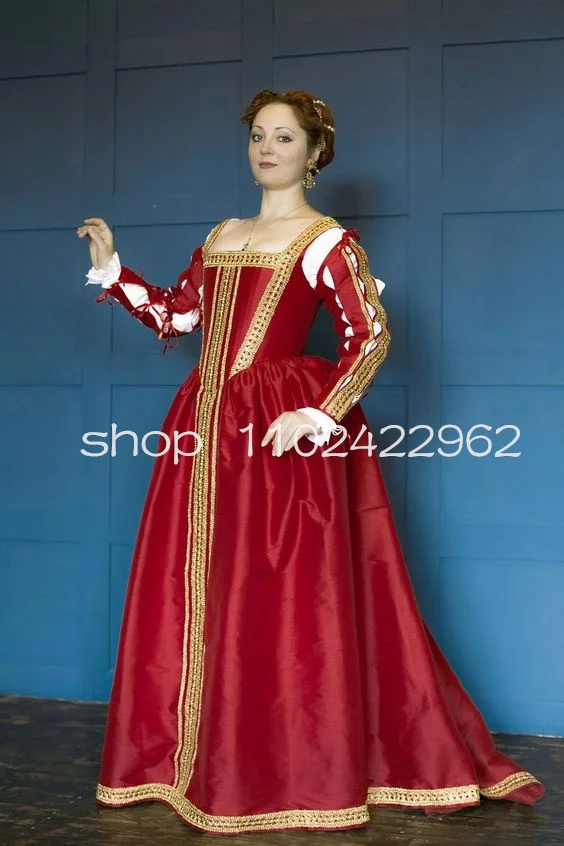 Red and gold Italian Renaissance Prom dresses for Women Long Sleeve Bustle Applique Costume History Evening Gown customsized