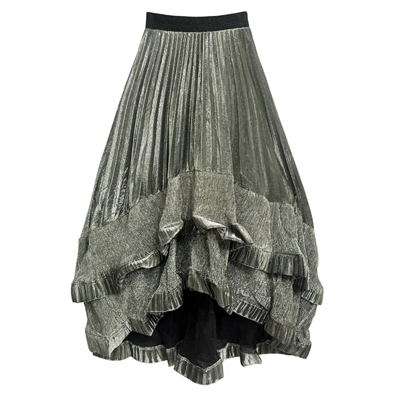 Yaonovni moda plissado irregular saia longa feminina cintura alta solta babados retalhos elegante saias longas casuais 2025 novo