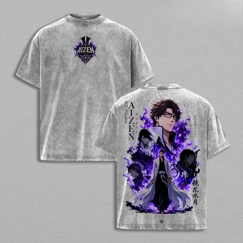 BLEACH Aizen Sousuke Anime Retro T Shirt Harajuku Vintage Washed Streetwear Men Clothing Oversized High Quality Cotton T-shirt