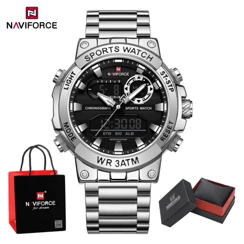 

NAVIFORCE мужские часы секундомер двойной дисплей времени мужские часы модные спортивные часы ремешок из нержавеющей стали водонепроницаемая упаковка подарки