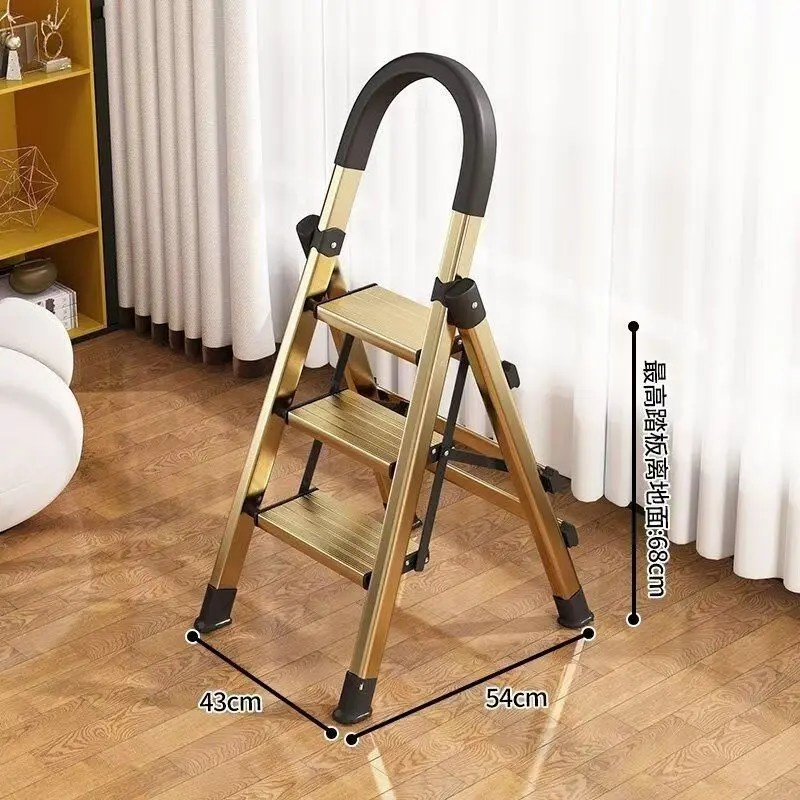 3 Step Folding Step Ladder Aluminum Alloy Gold Lightweight Portable Anti-Slip Step Stool With Handrail For Home Kitchen Use