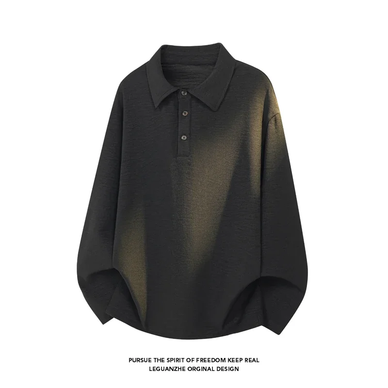 Mens Casual Lapel Collar Long Sleeve Polo Shirt Heather Textured Weave Half Button Placket Loose Cut For Weekend Gathering