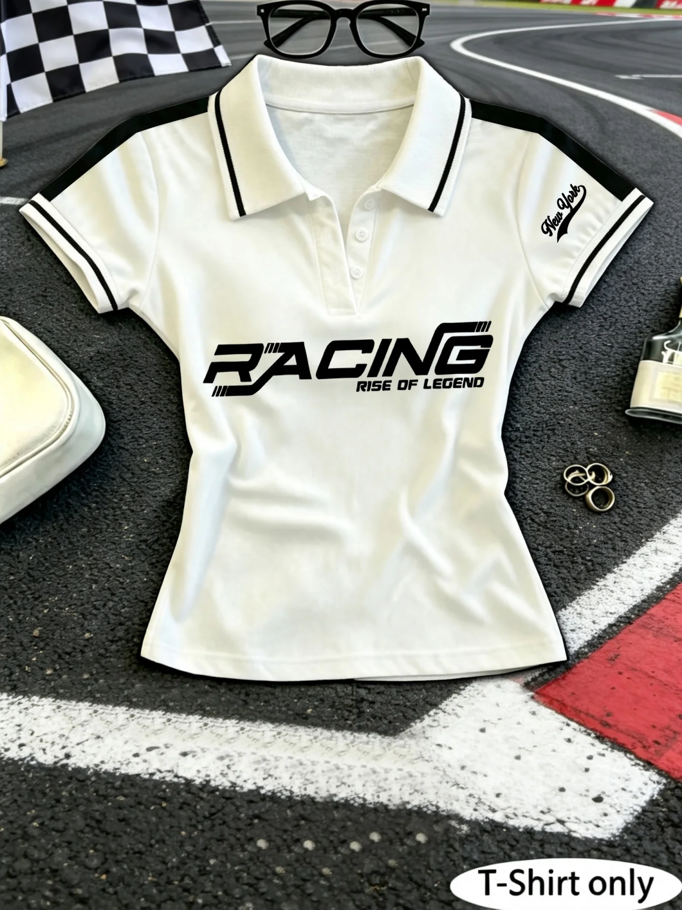 Women Y2K Cropped Polo Shirt, Racing Rise Of Legend & New York Cursive Print Short Sleeve,Daily Street Sports Casual Wear
