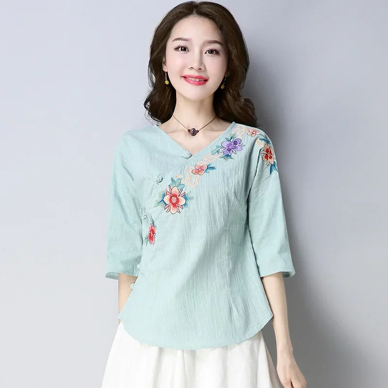 Ladies Chinese Tops Hanfu Embroidery Vintage Shirt Ethnic Literary Cheongsam Top Cotton Linen Chinese Style Clothing Women 11091