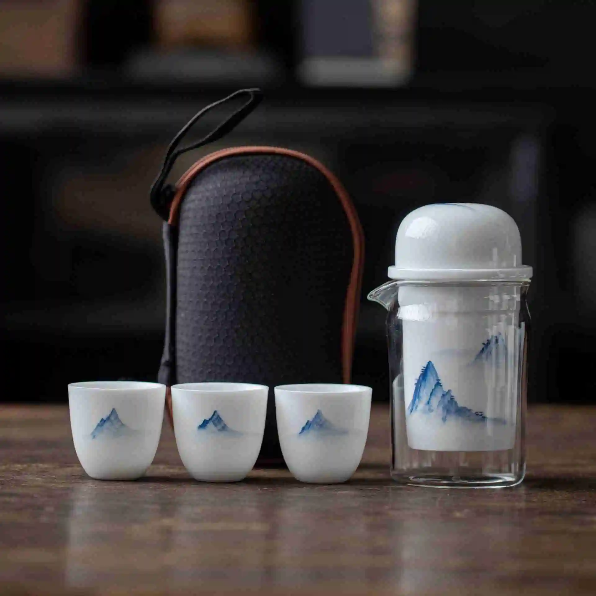 

First Sight of Qing Shan Hand-painted Ceramic Travel Tea Set Portable Glass Quick Guest Cup Outdoor Tea Brewing One Pot