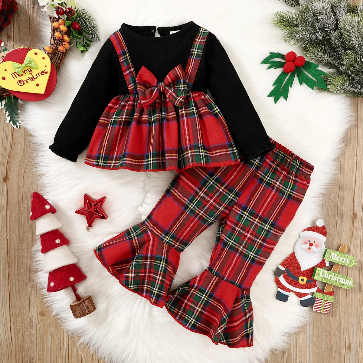 

6-24 Months Toddler Baby Girl Clothes Fashion Plaid Long Sleeves Top +Flared Trousers Christmas Festival Costume Suit