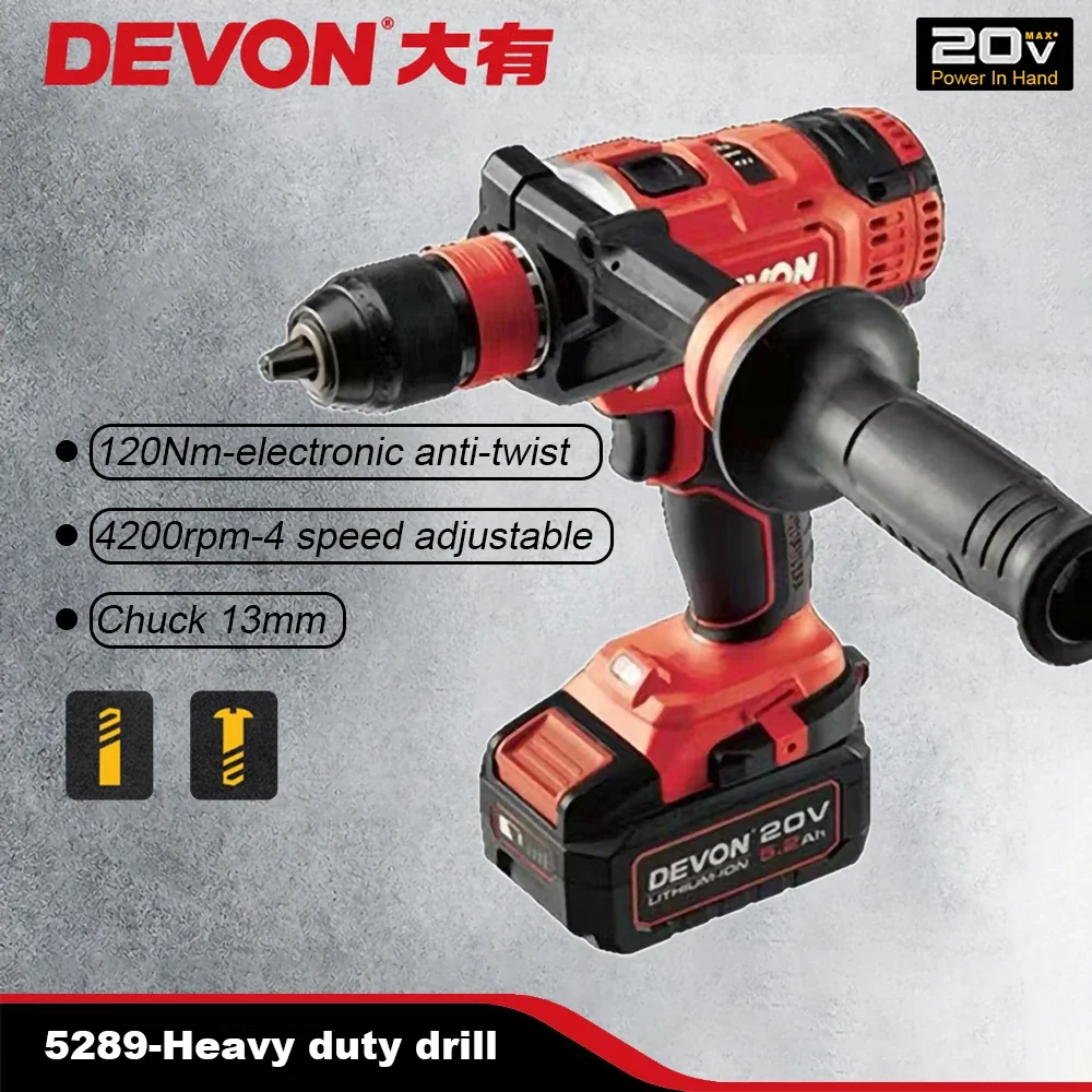 

DEVON 20v Cordless Drill Brushless Motor Heavy Duty 5289 Max 120Nm 4200rpm 4 Speed Adjustable Industrial Share Flex Battery