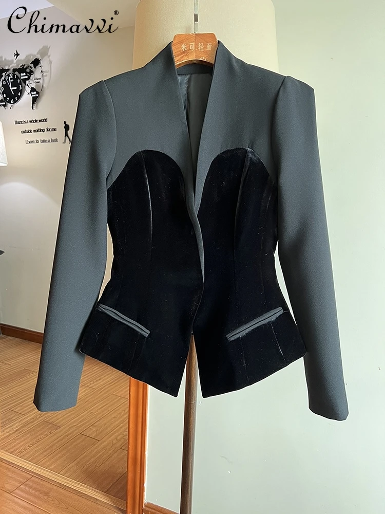 

High-end Velvet Suit Jacket Autumn and Winter New Slimming Hepburn Style Temperament Commute Long Sleeve Short Blazers Coat