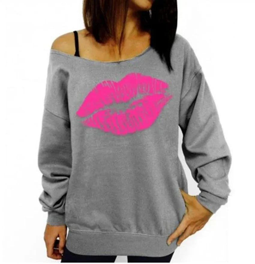 One shoulder Hoodies Winter Women Printed Big lips Fashion Thick Hoodie Pullover Sweatshirt Couple Women Cheap Loose Clothing