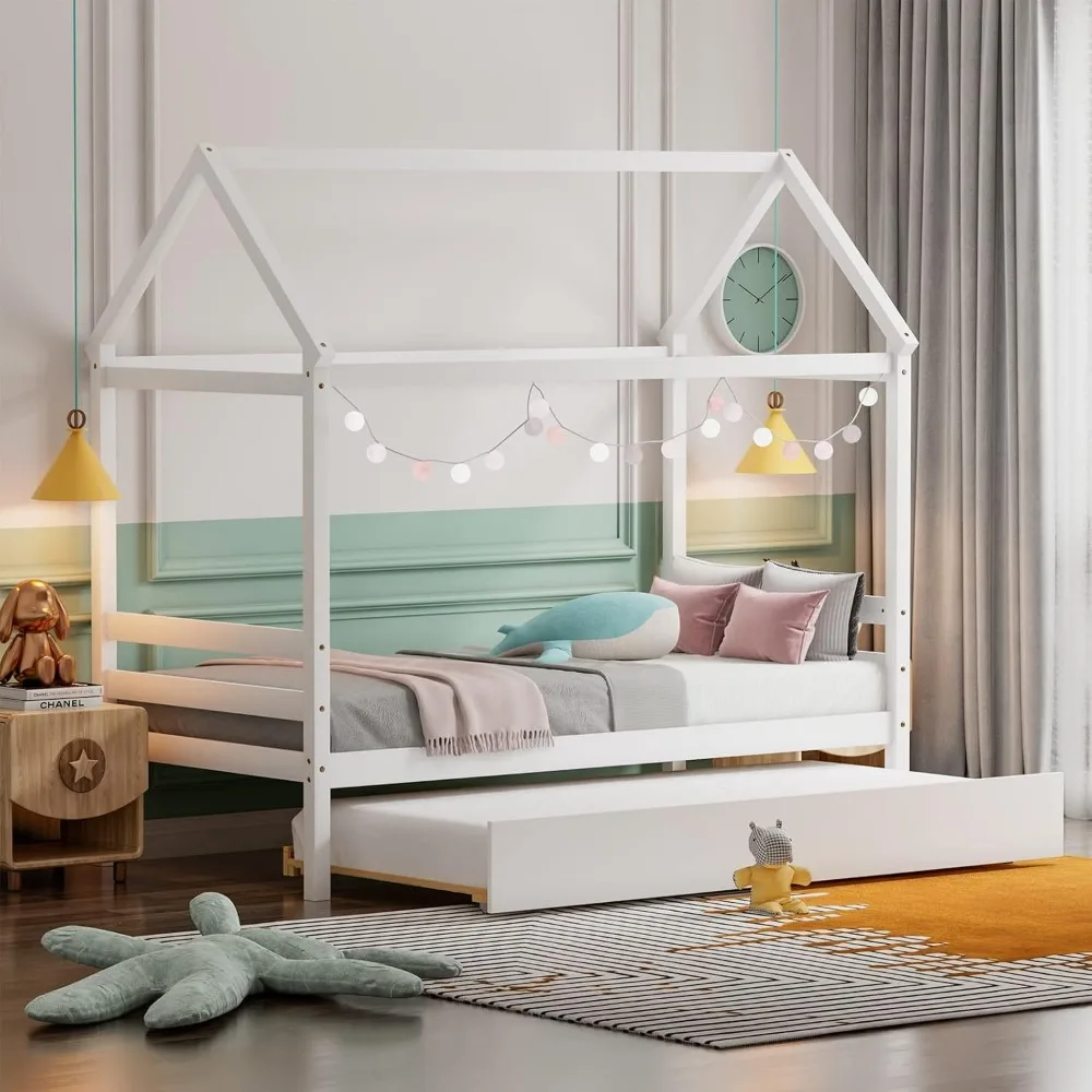 Cama de casa con nido, sofá cama doble de madera maciza para niñas y niños, marco de cama con plataforma para niños