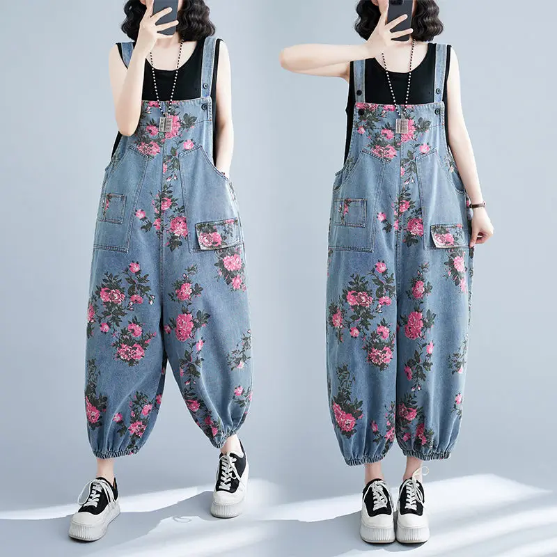 

Large Size Denim Straps Pants For Women's 2023 New Loose Casual Fashion Versatile Printed Artistic Lantern Jeans Jumpsuit Z1028