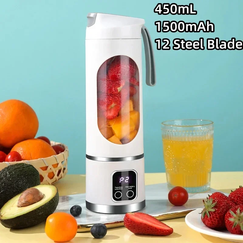 Exprimidor portátil con pantalla Digital, máquina de frutas de alta potencia, 12 cuchillas, gran capacidad, 2024 ML, 450