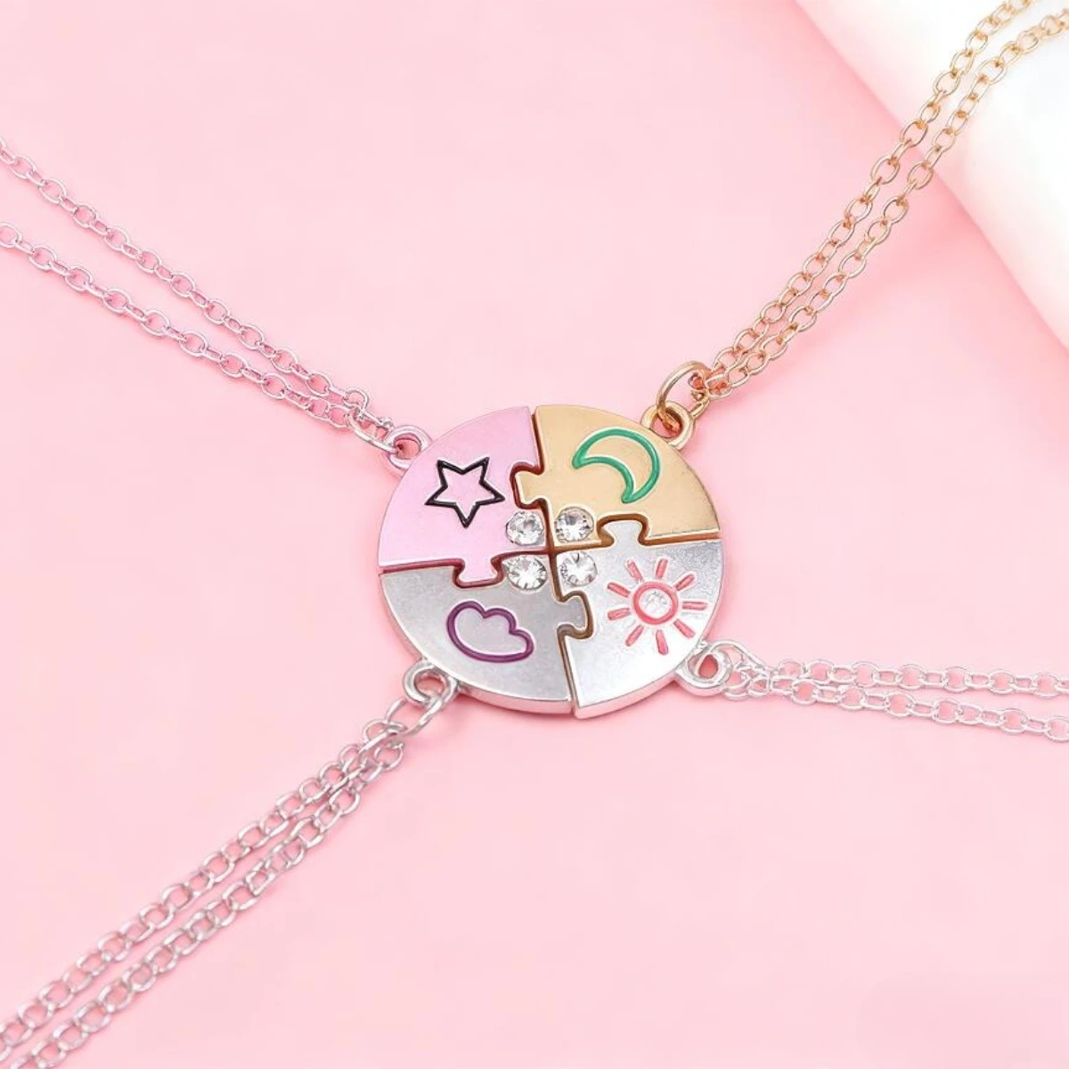 Friendship Jewelry Gift 4 Piece BFF Puzzle Necklace Set with Star Moon Sun Heart Pendant for Girls Women