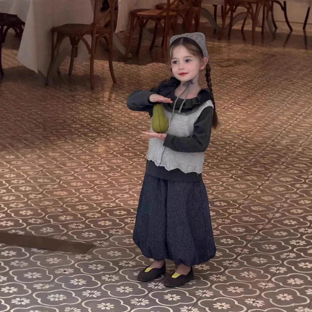 

2025 New Autumn Children's Suit Fashionable Ruffled Base Jacket Vest Plaid Bloomers